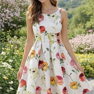 Danny & Nicole White Floral Midi Dress with Pink, Yellow & Green Blooms